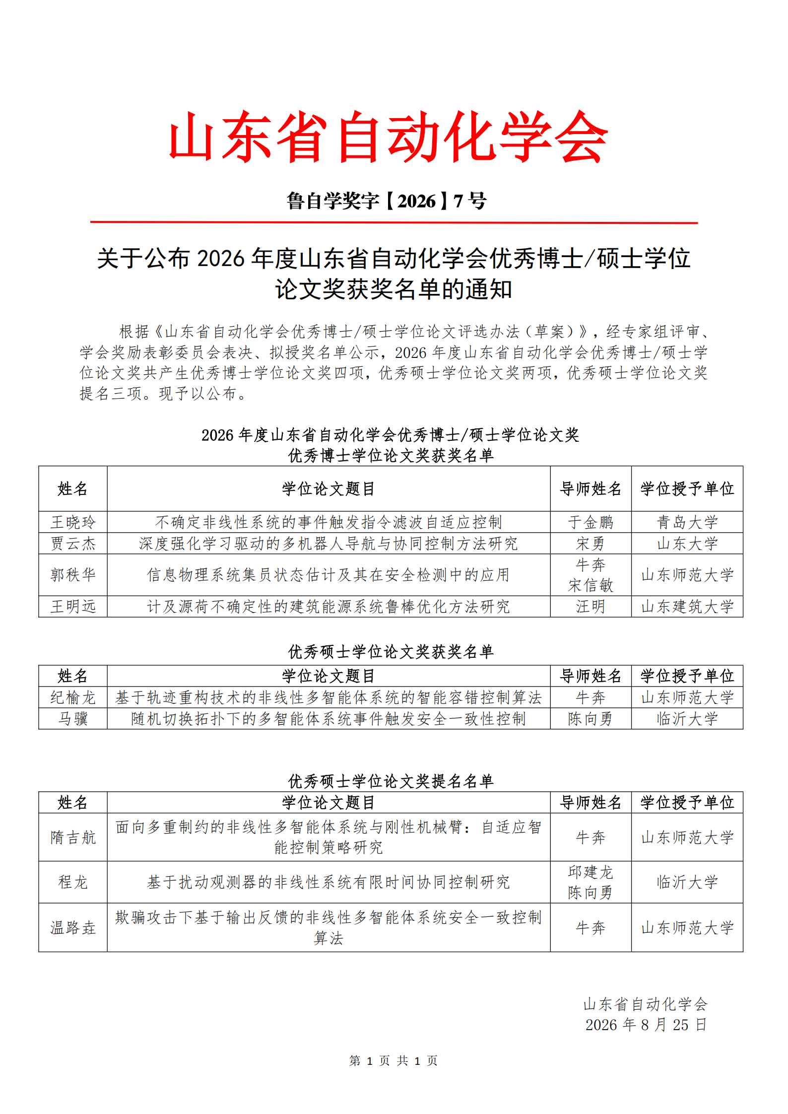 关于公布2026年度山东省自动化学会优秀博士硕士学位论文奖获奖名单的通知_00(1).png